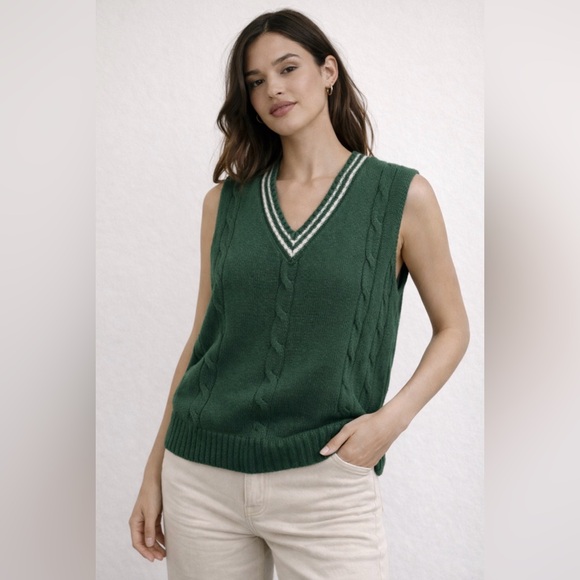 Jackets & Blazers - 🍃 Forest Green Cable Knit Sweater Vest | Preppy V-Neck Knit